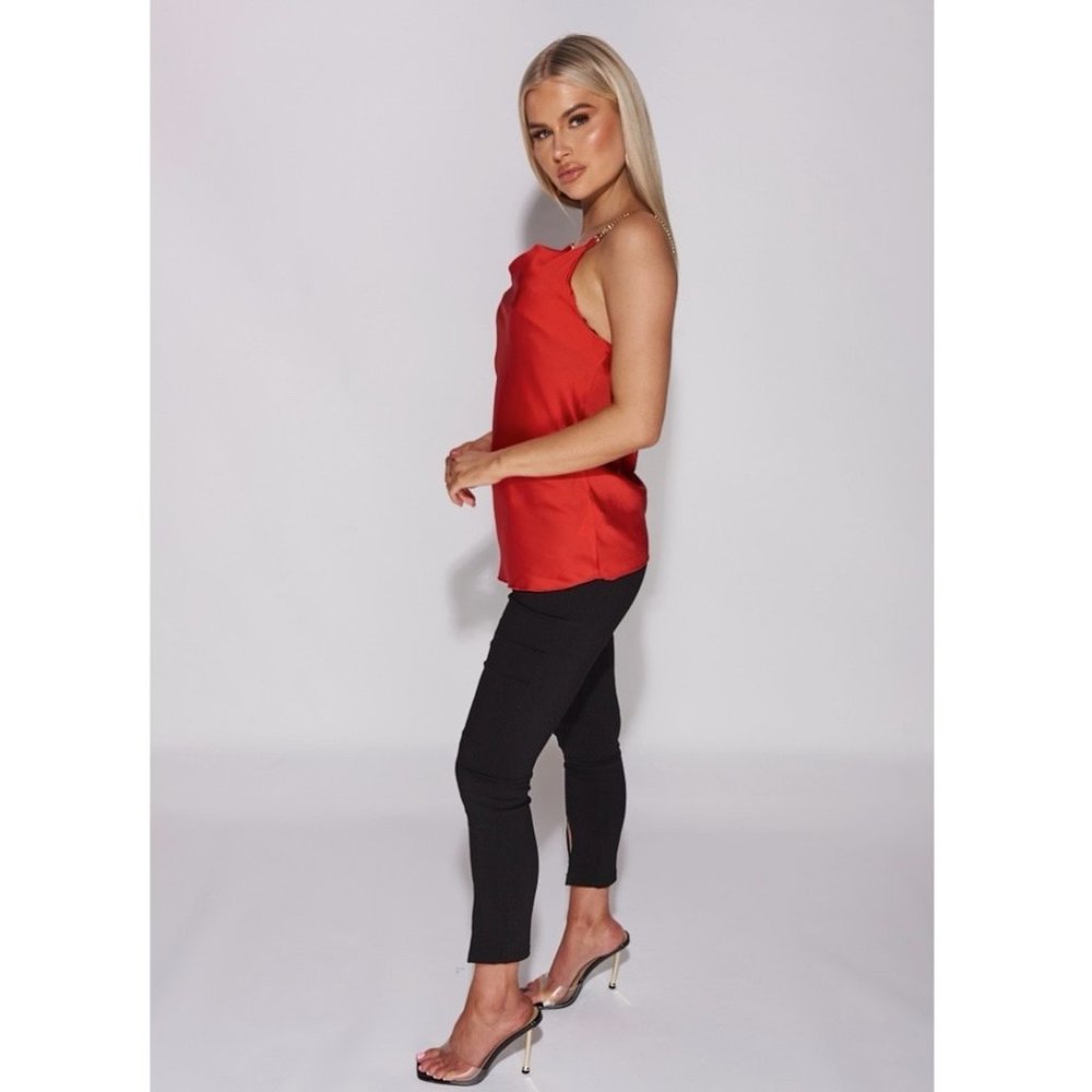 Red Satin Silk Sleeveless Chain Strap Cowl Neck Top Blouse - Picture 6 of 11